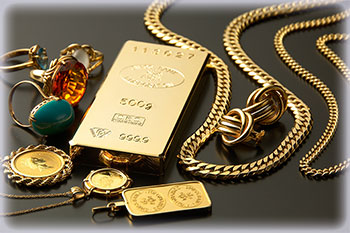 Gold jewelry buyer evaluating rings and bracelets